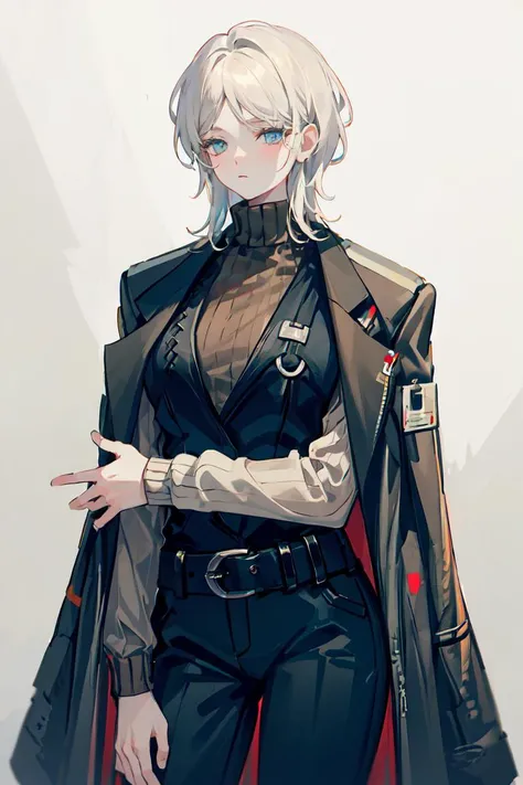 soft lighting, (masterpiece, best quality), <lora:faustlimbus_v1:1>, faust_limbus, default_outfit, blue eyes, 1girl, solo,  black coat, black vest, brown sweater, coat on shoulders, black belt, black pants, id card,  simple background, cowboy shot