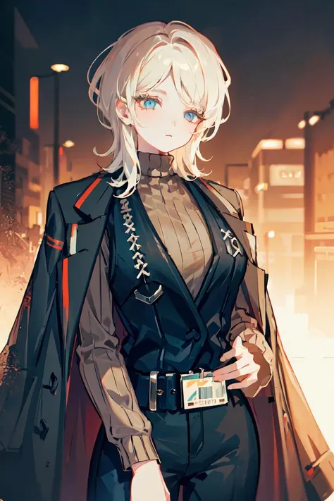 soft lighting, (masterpiece, best quality), <lora:faustlimbus_v1:1>, faust_limbus, default_outfit, blue eyes, 1girl, solo, black coat, black vest, brown sweater, coat on shoulders, black belt, black pants, id card, simple background, cowboy shot