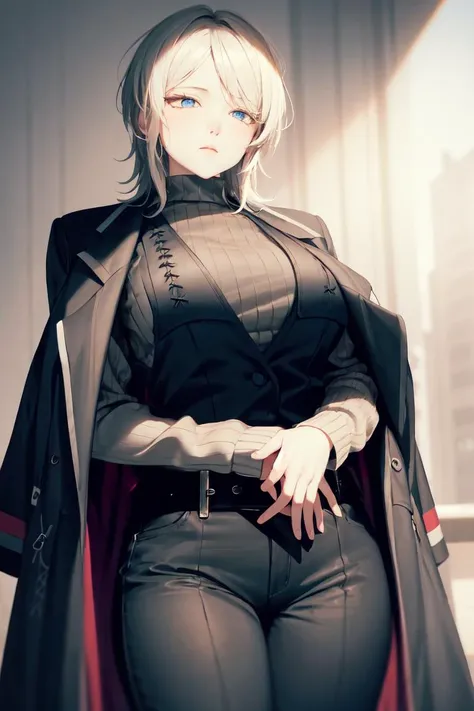 soft lighting, (masterpiece, best quality), <lora:faustlimbus_v1:1>, faust_limbus, blue eyes, 1girl, solo, large breasts, default_outfit, black coat, black vest, brown sweater, coat on shoulders, black belt, black pants, id card, grey background, looking down, close-up,