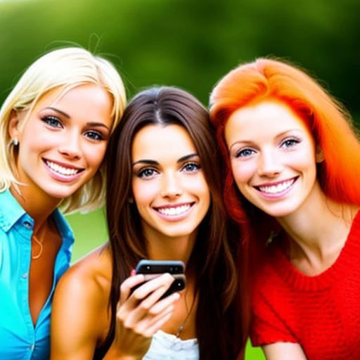 three friends taking a picture, blonde woman BREAK three friends taking a picture, brunette woman BREAK three friends taking a picture, ginger woman