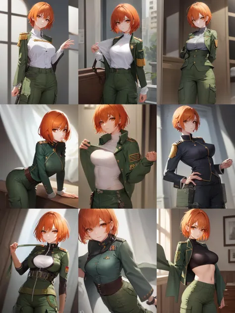 masterpiece, sidelighting, finely detailed beautiful eyes, professional majestic oil painting, Intricate, High Detail, Sharp focus, dramatic, detailed eyes, intricate detail, 1girl, sfw
BREAK
Orange hair, Brown eyes, very short hair,
BREAK
 green military uniform open, Camisoles, medium breasts,
BREAK
green Cargo pants