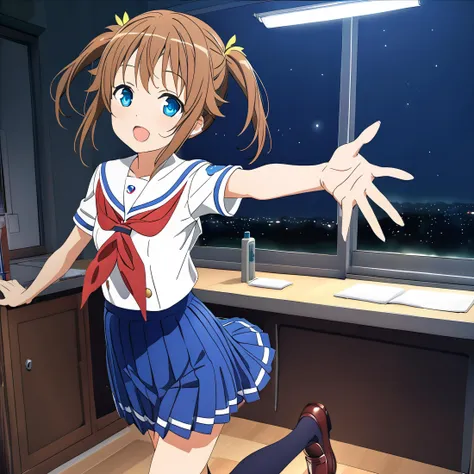 masterpiece,nfsw,NIGHT,INDOOR,

AkenoMisaki, 1girl, solo, looking at viewer, smile, hair ribbon, serafuku, blue skirt, red neckerchief, school kneehighs, loafers, outstretched arm, open mouth, standing,