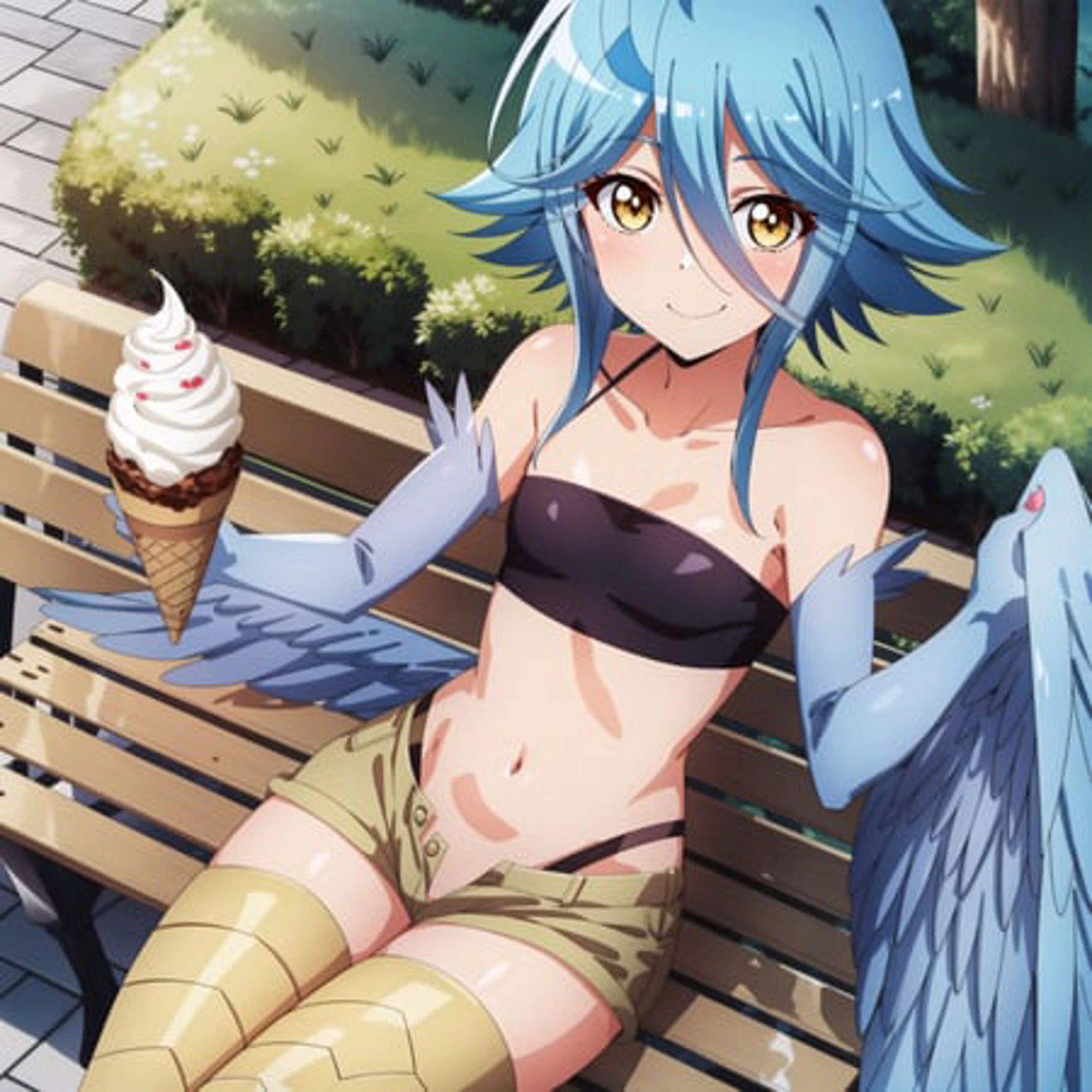 <lora:2020sAnimeMagazineIllustrationStyle_v10:0.3>
<lora:Papi:1>
1girl, solo, harpy,winged arms, blue wings,blue hair, feathered wings, monster girl, yellow eyes, small breasts,outdoors, smile,hair between eyes, outdoors, looking at viewer,ahoge,bandeau, shorts, navel,bare shoulders, dutch angle,
bench, (ice cream:1.0), sitting, on bench, short hair,holding ice cream,