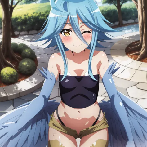 <lora:2020sAnimeMagazineIllustrationStyle_v10:0.3>
<lora:Papi:1>
1girl, solo, harpy, one eye closed, winged arms, blue wings,blue hair, feathered wings, monster girl, yellow eyes, small breasts, blush,outdoors, tree, feathers, smile,hair between eyes, outdoors, looking at viewer,ahoge,cowboy shot,bandeau, denim shorts, navel,strapless,