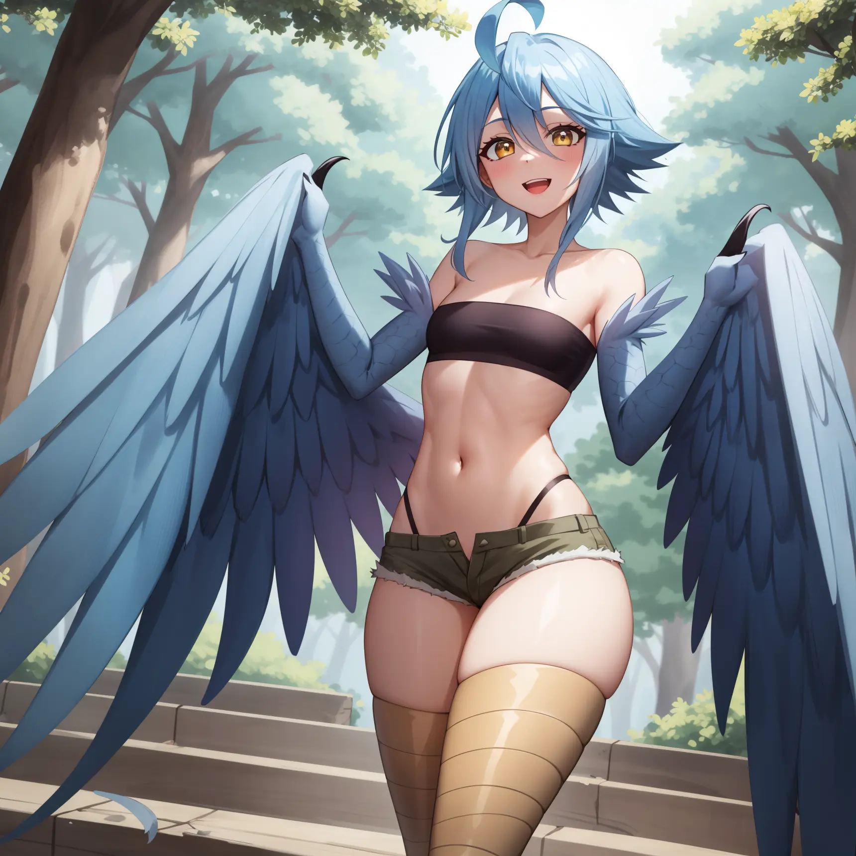 best quality, 4k, ((masterpiece)), extremely detailed, 8k, trending on ArtStation, Intricate, High Detail, Sharp focus,
<lora:Papi:1>
1girl, ahoge, wings, monster girl, winged arms, solo, harpy, blue hair, blue wings, shorts, feathered wings, open mouth, feathers, talons, forest, small breasts, short shorts, yellow eyes,cowboy shot, smile, bandeau, short hair,scales, bird legs, looking at viewer,navel, narrow waist,