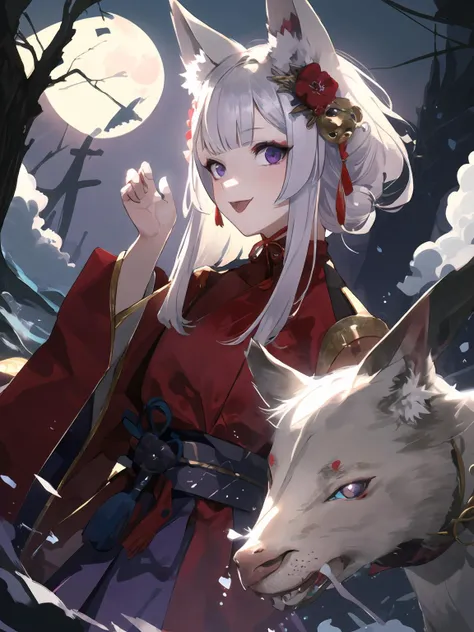 masterpiece,best quality,highres,cinematic lighting,dramatic angle,1girl,<lora:ShadowverseGinsetsuV3-1-000014:0.8:lbw=jiangshi3>, white hair,animal ears,hair ornament,purple eyes,red dress,japanese clothes,purple skirt,clothing cutout,wide sleeves,hakama,looking at viewer,:d,(paw pose:0.85),portrait,night,moonlight,glowing eyes,horror \(theme\),mask