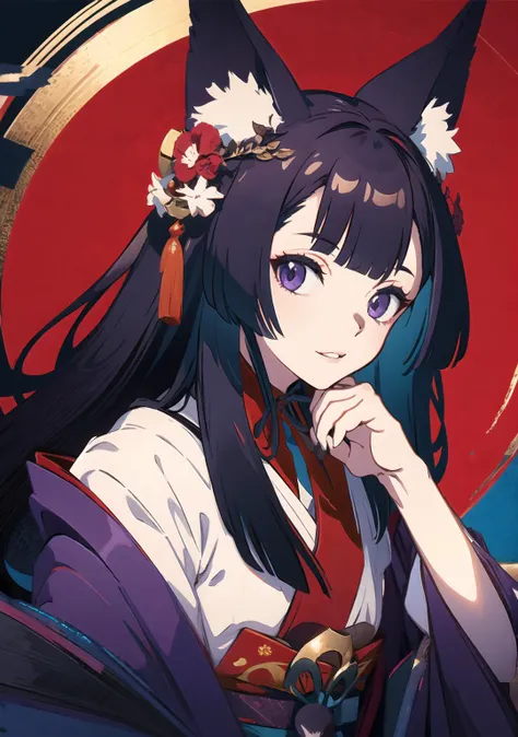 masterpiece,best quality,highres,cinematic lighting,dramatic angle,,1girl,animal ears,hair ornament,purple eyes,black hair,long hair,smile,parted lips,looking at viewer,japanese clothes,obi,wide sleeves,hand on own cheek,red topwear,purple skirt,portrait,from below,moon,close-up
<lyco:ShadowverseGinsetsuV7:0.8>