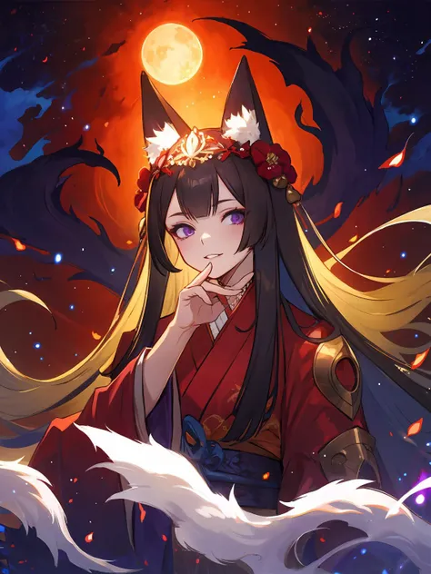 masterpiece,best quality,highres,cinematic lighting,dramatic angle,<lora:ShadowverseGinsetsuV7-000021:0.8>,1girl,animal ears,hair ornament,purple eyes,black hair,long hair,smile,parted lips,looking at viewer,japanese clothes,obi,wide sleeves,hand on own cheek,red topwear,purple skirt,portrait,from below,moon,close-up