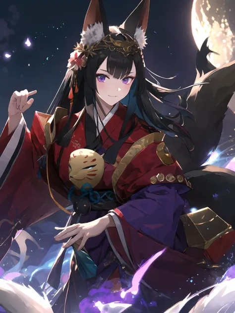 masterpiece,best quality,highres,cinematic lighting,dramatic angle,1girl,<lora:ShadowverseGinsetsuV3-1-000014:0.8:lbw=jiangshi3> ,looking at viewer,:3,black hair,animal ears,purple eyes,japanese clothes,clothing cutout,hakama,mask,sash,gold trim,holding mask,one hand on other elbow,night,glowing particles,fox,hair ornament
