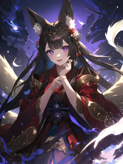 masterpiece,best quality,highres,cinematic lighting,dramatic angle,1girl,animal ears,hair ornament,<lora:ShadowverseGinsetsuV3-1-000014:0.8:lbw=1,0.8,0.1,1,1,0.2,0.2,1,1,1,1,1,1,1,1,1,1>,japanese clothes,red dress,purple skirt,clothing cutout,wide sleeeves,mask,hand on own cheek,tails,looking at viewer,evil smile,glowing eyes,head tilt,:d,black hair,purple eyes,animals,fox,purple fire,blue fire,red moon,night,portrait,magic,will-o'-the-wisp \(mythology\),close-up,depth of field,arm support,fangs,arched back,