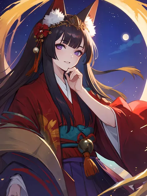 masterpiece,best quality,highres,cinematic lighting,dramatic angle,<lora:ShadowverseGinsetsuV7-000021:0.8>,1girl,animal ears,hair ornament,purple eyes,black hair,long hair,smile,parted lips,looking at viewer,japanese clothes,obi,wide sleeves,hand  on own cheek,red topwear,purple skirt,portrait,from below,moon,close-up