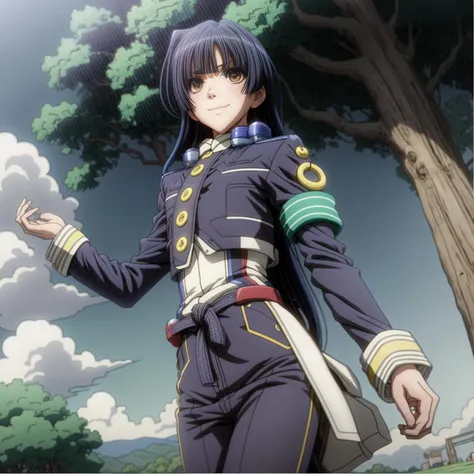 Generate a stunning art style, a true [masterpiece] [best quality, anime screencap] of art. The image showcases [detailed linework], [dynamic shading], and [dramatic lighting], bringing to life a [relaxing atmosphere, full coloures] . In the background a [grassland, forest ] is to be seen in [grand, high-scale, panorama]  from  [from below].
Masazumi Honda, [long hair, black hair, ]  solo in [full body:1.5, walking , looking at viewer] .  She is wearing a [stunning black jacket with white collar and  yellow buttons, uniform, bodysuit, black pants with white lion cloth and black belt, white waist cape, black pants, green armband on left arm, shoes with yellow framing and red ribbon smug grin].
<lora:more_details:1>     <lora:masazumi_honda-000052:1>