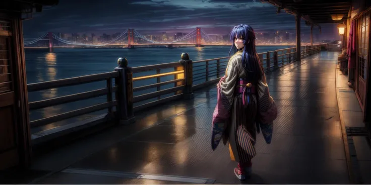 Generate a stunning art style, a true [masterpiece] [best quality] of art. The image showcases [detailed linework], [dynamic shading], and [dramatic lighting], bringing to life a [relaxing atmosphere, full coloures] . In the background a [bridge, fireworks, ] is to be seen in [grand, high-scale, panorama]  from  [from below].
Masazumi Honda, [long hair, black hair, ] solo is [ full body, walking , looking at viewer] .  She is wearing a [stunning kimono, smug grin].
<lora:more_details:1>     <lora:masazumi_honda-000052:1>
