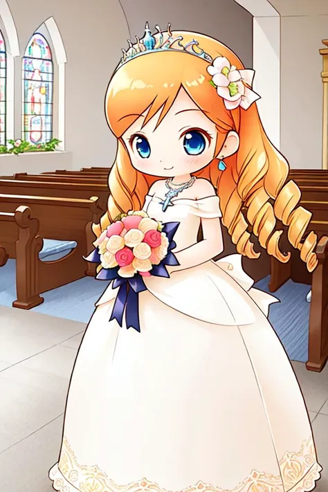 1 girl, indoors, church, holding bouquet, smile,
 <lora:Harvest_Moon_Hero_of_Leaf_Valley_-_Katie:0.6> holvkatie, orange hair, long hair, drill hair, curly hair, blue eyes,
white hairband, hair flower, tiara, lace, necklace, earrings, white dress, wedding dress, flowers, sleeveless, bare shoulders, strapless dress,