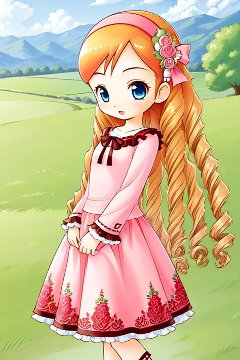 1 girl, outdoors, farm, farmland, barn, crops,
 <lora:Harvest_Moon_Hero_of_Leaf_Valley_-_Katie:0.6> holvkatie, orange hair, long hair, drill hair, curly hair, blue eyes,
pink hairband, hair flower, pink shirt, shirt over dress, pink dress, floral pattern, frills, long sleeves,