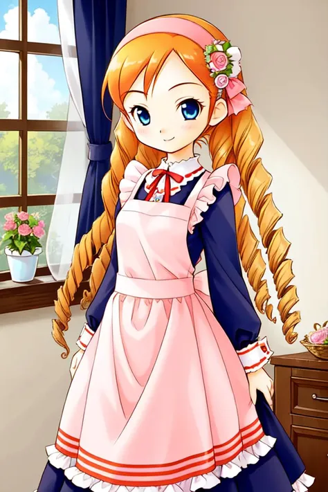 1 girl, indoors, window, smile,
 <lora:Harvest_Moon_Hero_of_Leaf_Valley_-_Katie:0.6> holvkatie, orange hair, long hair, drill hair, curly hair, blue eyes, pink hairband, hair flower,
dress, apron,