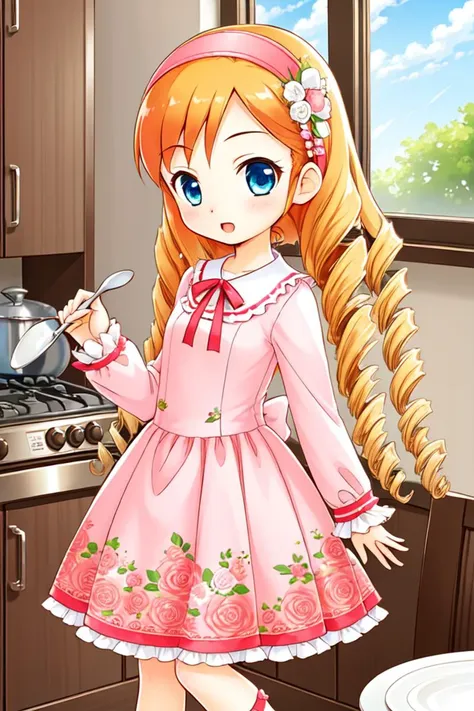 1 girl, indoors, kitchen, holding plate,
 <lora:Harvest_Moon_Hero_of_Leaf_Valley_-_Katie:0.5> holvkatie, orange hair, long hair, drill hair, curly hair, blue eyes, hair flower, pink hairband,
pink shirt, shirt over dress, pink dress, floral pattern, frills, long sleeves,