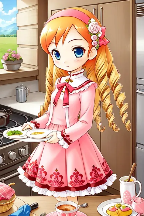 1 girl, indoors, kitchen, holding plate,
 <lora:Harvest_Moon_Hero_of_Leaf_Valley_-_Katie:0.6> holvkatie, orange hair, long hair, drill hair, curly hair, blue eyes, hair flower, pink hairband,
pink shirt, shirt over dress, pink dress, floral pattern, frills, long sleeves,