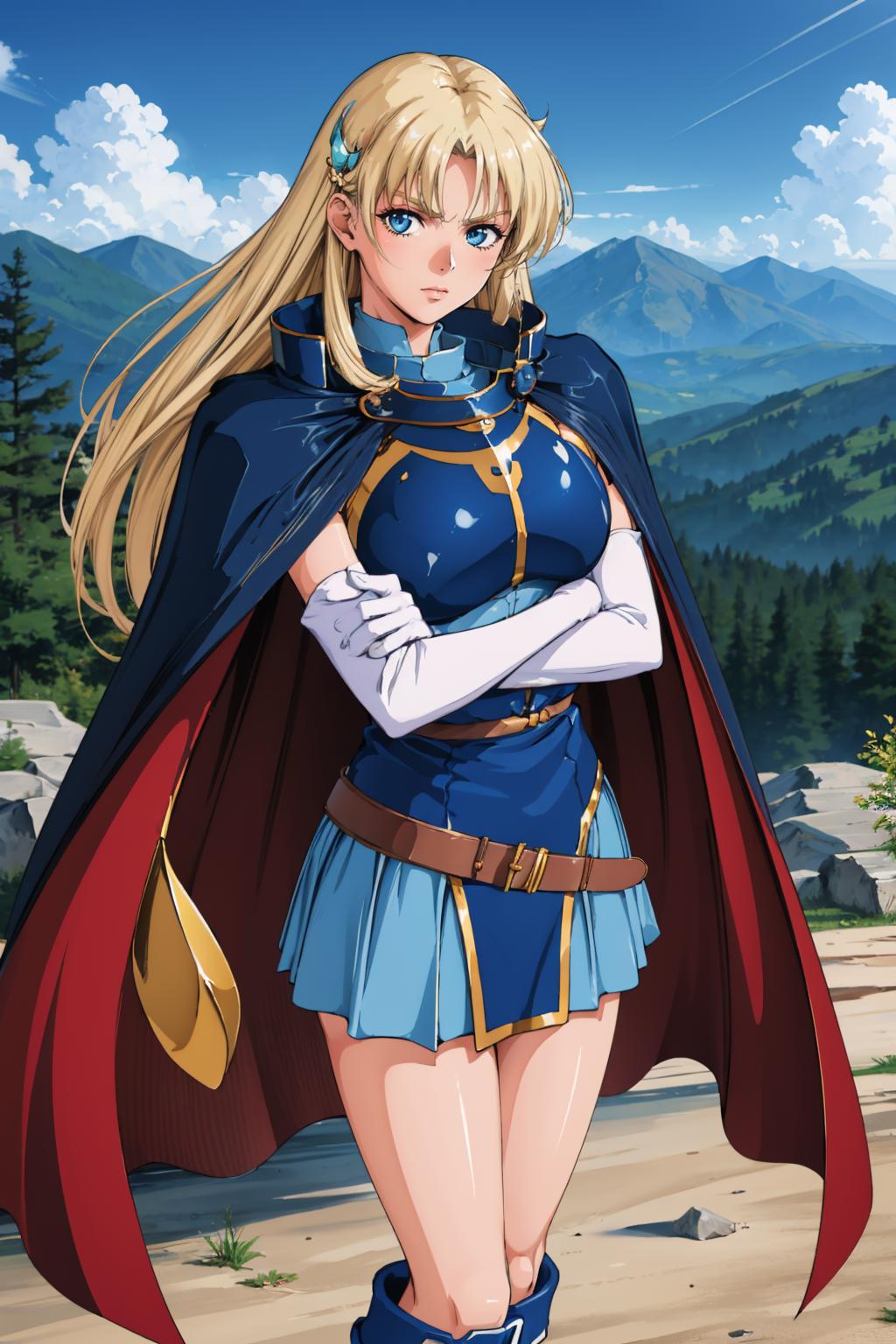 A woman in a blue dress and cape standing on a dirt road - SeaArt AI
