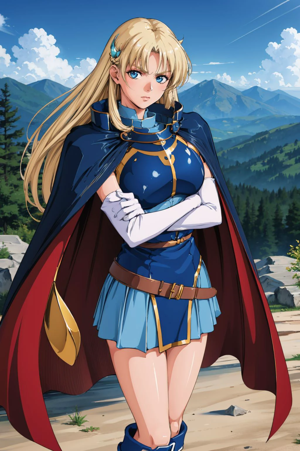 masterpiece, best quality, <lora:Sharon_V3-E10_(WordsWorth):0.8> sharonwor, hair ornament, cape, breastplate, dress, elbow gloves, belt, knee boots, armor, large breasts, crossed arms, looking at viewer, mountains, blue sky, serious, head tilt
