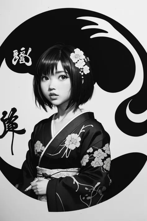 <takeuchiakari> detailed high contrast black sumi-e ink painting, traditional japanese ukiyo-e artwork, girl with round face, kimono, short hair, ornamental hair decoration, (japanese kanji calligraphy in background:1.4)