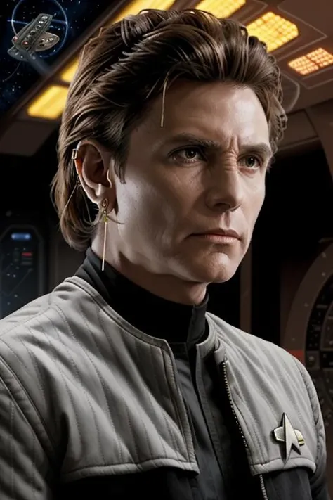 headshot of a bajoran man, cuffed earring, jewelry, jacket, sci-fi starship background, <lora:race_st_bajoran_doubleshot:0.4>