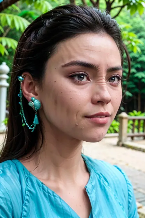 headshot of a bajoran woman, asian, cuff chain earring, dress, outdoors <lora:race_st_bajoran:0.8>