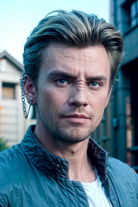 headshot of a bajoran man, blonde hair, cuff chain earring, outdoors, jacket, tshirt, <lora:race_st_bajoran:0.8>