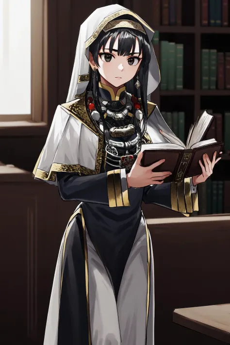 masterpiece, best quality, highres, 1girl black eyes, kafna uniform jewelry <lora:sedona_bleu:1> holding book, book stack