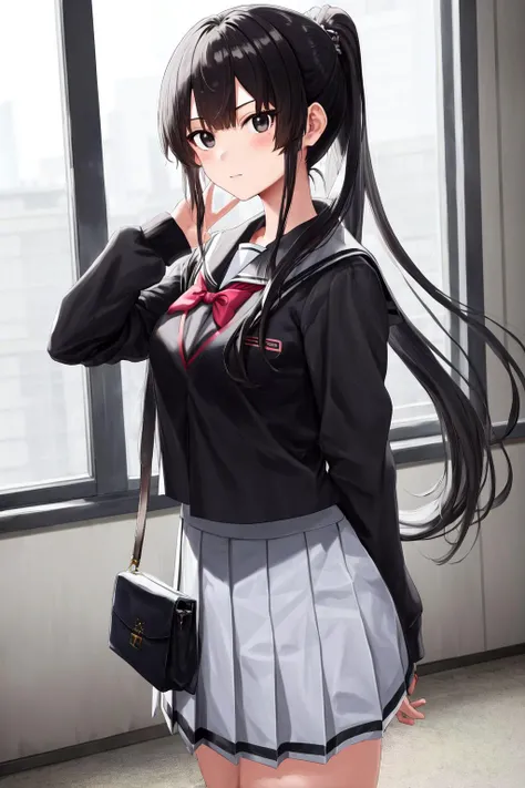 Chinese hair teenager, king, brown eyes, wide lips, with skirt and white long-sleeved shirt and black jacket, that he is in the high school volleyball gym