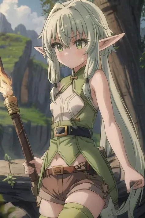 masterpiece, best quality,ultra detail,<lora:GoodHands-vanilla:0.8> <lora:anmnr01:0.3> <lora:add_detail:0.5>,1girl, putite, outdoor,<lora:HighElf:0.7>pikkyhighelf,cave, skinny, solo, green hair, sidelocks, hair between eyes, bangs, long hair, small breasts, pointy ears, brown shorts, sleeveless, thighhighs, belt, bare shoulders,torch,
