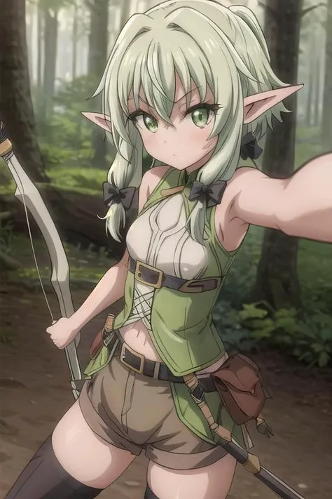 masterpiece, best quality, highres, 4k, 8k, intricate detail, cinematic lighting, amazing quality, amazing shading, soft lighting, Detailed Illustration, anime style,
highelfarcher, <lora:high-elf-archer-s2-ponyxl-lora-nochekaiser:1>,
high elf archer, short hair, green eyes, bow, hair bow, black bow, sidelocks, green hair, pointy ears, elf,
thighhighs, boots, shorts, sleeveless, bare arms, thigh boots, brown footwear, brown shorts,
outdoors, forest, trees, nature, rocks, grass,
looking at viewer, cowboy shot, dynamic pose,