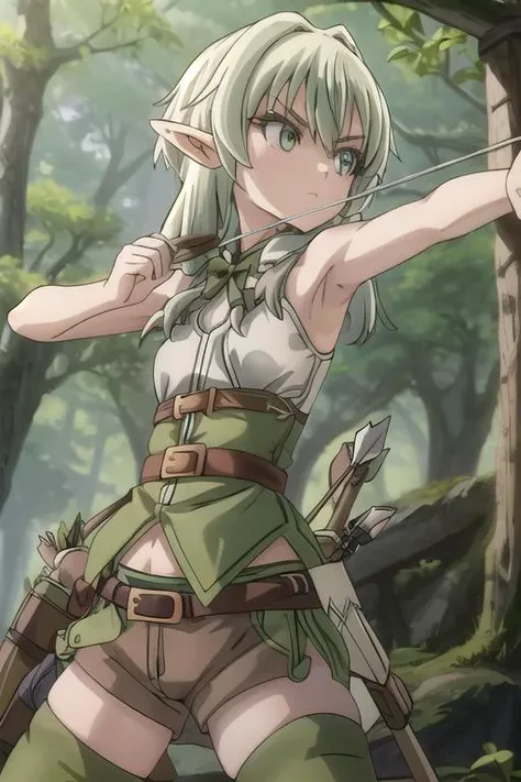 masterpiece, best quality,ultra detail,<lora:GoodHands-vanilla:0.8> <lora:anmnr01:0.3> <lora:add_detail:0.5>,1girl, putite, outdoor,<lora:HighElf:0.7>pikkyhighelf,forest, skinny, solo, green hair, sidelocks, hair between eyes, bangs, long hair, small breasts, pointy ears, brown shorts, sleeveless, thighhighs, belt, bare shoulders,(hold bow and arrow,aiming viewer,open stance,keeping low,drowing bow),dutch angle, <lora:Saya-drawing bow:0.7>,sideview ,looking to the side
