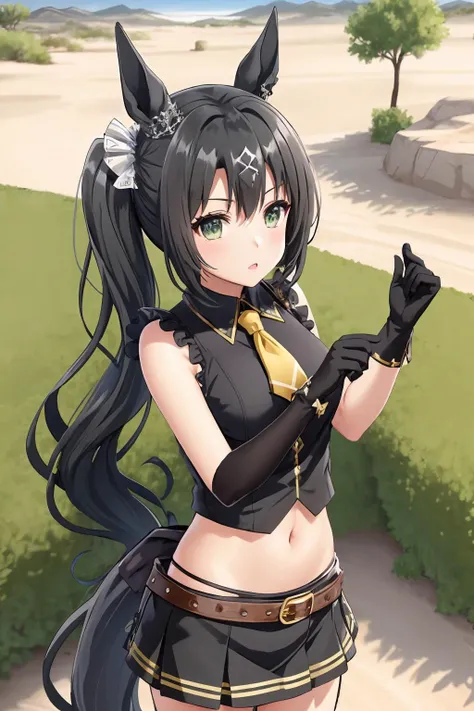 a group of travelers journey through a magical desert to find a hidden oasis, satono_crown, solo, (1girl:1.1), black_side_ponytail, green eyes, bare_shoulders, sleeveless, long_legs, horse_ear, single_crown_hair ornament, horse_tail, (black collar), yellow braid tie, lace_green_shirt, black_elbow_gloves, black_skirt, stockings, thigh_boots, standing, hands_on_hips, (full_body:0.8),<lora:epiNoiseoffset_v2Pynoise:1>