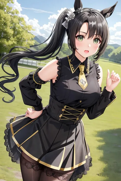 outdoors, satono_crown, solo, (1girl:1.1), black_side_ponytail, green eyes, bare_shoulders, sleeveless, long_legs, horse_ear, single_crown_hair ornament, horse_tail, (black collar), yellow braid tie, lace_green_shirt, black_elbow_gloves, black_skirt, pantyhose, thigh_boots, standing, hands_on_hips, (full_body:0.8),<lora:epiNoiseoffset_v2Pynoise:1>