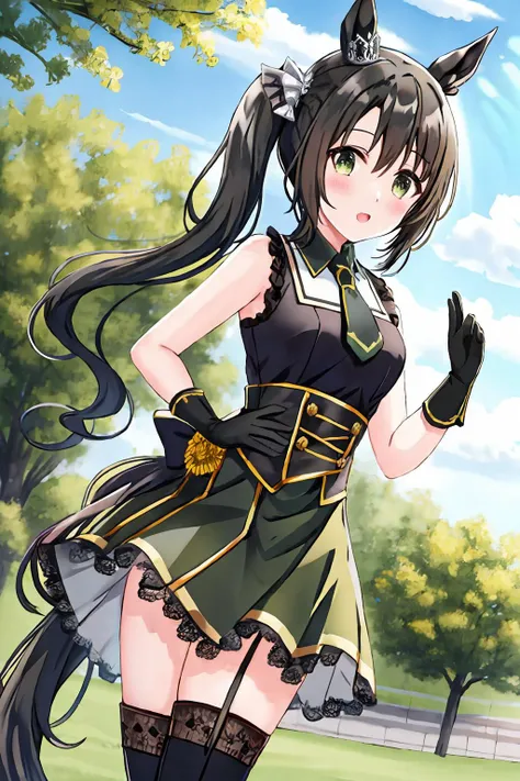 outdoors, satono_crown, solo, (1girl:1.1), black_side_ponytail, green eyes, bare_shoulders, sleeveless, long_legs, horse_ear, single_crown_hair ornament, horse_tail, (black collar), yellow braid tie, lace_green_shirt, black_elbow_gloves, black_skirt, pantyhose, thigh_boots, standing, hands_on_hips, (full_body:0.8),<lora:epiNoiseoffset_v2Pynoise:1>