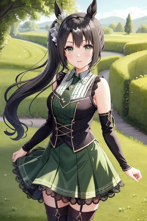 a group of travelers journey to a distant land to find a magical flower said to have healing powers, satono_crown, solo, (1girl:1.1), black_side_ponytail, green eyes, bare_shoulders, sleeveless, long_legs, horse_ear, single_crown_hair ornament, horse_tail, (black collar), yellow braid tie, lace_green_shirt, black_elbow_gloves, black_skirt, suspender, thigh_boots, standing, hands_on_hips, (full_body:0.8),<lora:epiNoiseoffset_v2Pynoise:1>