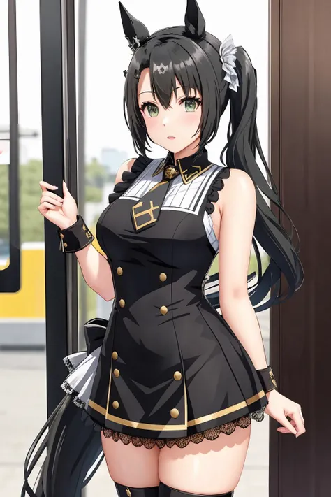 train station, satono_crown, solo, (1girl:1.1), black_side_ponytail, green eyes, bare_shoulders, sleeveless, long_legs, horse_ear, single_crown_hair ornament, horse_tail, (black collar), yellow braid tie, lace_green_shirt, black_elbow_gloves, black_skirt, chemise, thigh_boots, standing, hands_on_hips, (full_body:0.8),<lora:epiNoiseoffset_v2Pynoise:1>