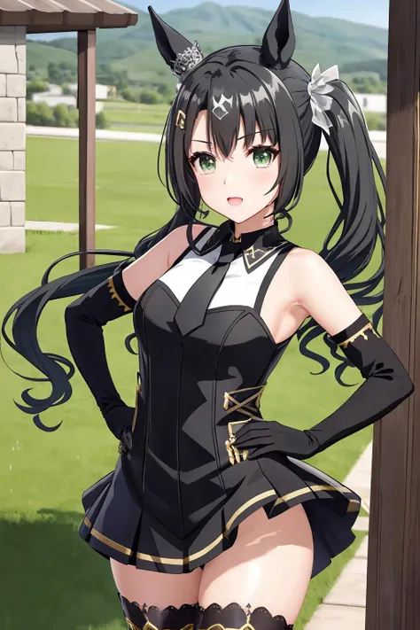 a witch's prophecy comes true, satono_crown, solo, (1girl:1.1), black_side_ponytail, green eyes, bare_shoulders, sleeveless, long_legs, horse_ear, single_crown_hair ornament, horse_tail, (black collar), yellow braid tie, lace_green_shirt, black_elbow_gloves, black_skirt, leotard, thigh_boots, standing, hands_on_hips, (full_body:0.8),<lora:epiNoiseoffset_v2Pynoise:1>