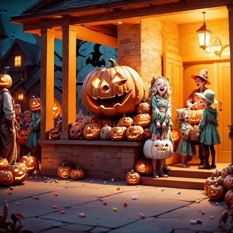 insanely detailed, and intricate. a happy Link ((joy:0.6)) standing on a porch holding a box of candy. a large number of children in halloween costumes taking candy from the box Link is holding. In the background are many children in costumes taking candy from a bucket. High detail. Halloween night.<lora:add_detail:1.5> <lora:color_slider_v10:0.8> <lora:people_count_slider_v1:4.0> <lora:add_saturation:1.2>