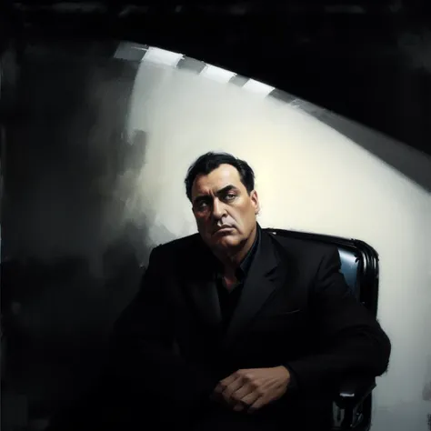 High contrast vibrantly coloured with (reds:1.5) and blacks, a luxurious and (refined:1.8) (high-art:1.9) painting. Sitting in a very deep, luxurious (black:2) leather ultimate lounge chair is a large, beefy, aggressive, manly, muscly fat Genovese, balding mafia hitman sitting head-on (face-front:1.8) staring menacingly at the camera, leaning forward with his forearms on his knees in a casual and relaxed 'pondering' pose. He's (Full colour:1.7). (High contrast:2). (Bright colours:1.5). (Pitch black:1.8) room. Pitch black lightless room only lit by a (single spotlight:1.9) aimed right (at his front:1.3) and face to give the scene a dark, richly coloured, vibrant colourful, powerful, high-contrast and foreboding mood. In an old, dark, pitch black unlit, decrepit artist's studio | Award-winning oil-painting, ultra simple profile composition, stylized, prestigious, badass, tough guy, man, aggressive yet calm and collected. Short jet black hair, scars, gruff look on his face, he's wearing a very fine well-tailored John Phillips double breasted dark blue suit and highly polished Brogues shoes. The chair is the epitome of opulence with a sumptuous, onyx-hued black leather throne; a cocoon of unrivalled comfort and timeless elegance, inviting you to recline in unparalleled luxury. Created by Herb Ritts and Preston Duncan. <lora:add_detail:0.7> <lora:depth_of_field_slider_v1:-5> <lora:painting:0.25> <lora:fechin:0.5> <lora:color_slider_v2:2.8>