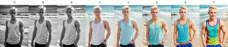 a young white man, blonde hair, short hair, beach, detailed background, tank top,<lora:color_slider_v2_000000200:-7>, facing viewer, upper body