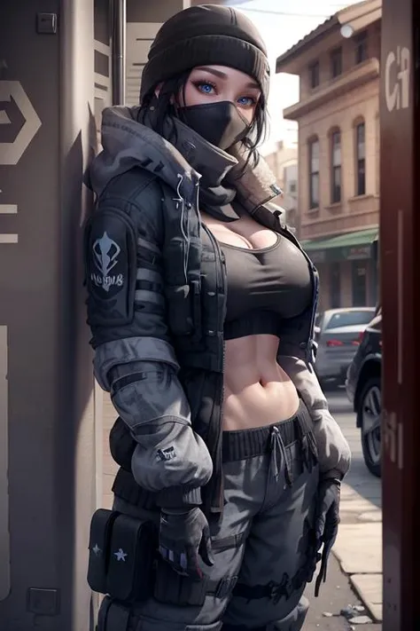 1girl, solo, mature female, <lora:frostR6:1>, frost /(rainbow six siege/),(mask:1.2), hat, black hair, blue eyes, jacket, pants, gloves, outside, ((ultra-detailed)), (masterpiece), (highest quality)