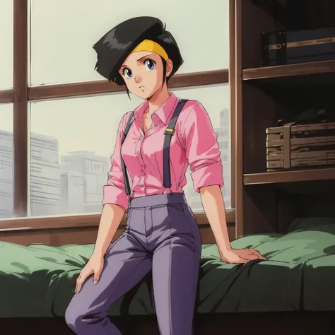 <lora:LinnaYamazaki002:0.7>,<lora:add_detail:0.5>,<lora:noline:0.3>,<lora:boldline:-0.3>,
LinnaYamazaki,1girl,solo,black hair,
headband,
pink shirt,suspenders,pants,