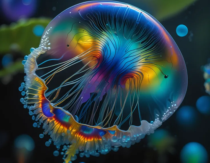 (best quality, masterpiece, hyperreal, ultra high res, photorealistic, raw photo, superb intricate, ultra detailed, highly contrasted, highly detailed colorful textures, sharp focus, 8K UHD), (macro photography, biolumiscent translucent glass jellyfish, macro lens, close up:3, FujiFilm X-T4 with Fujinon XF 35mm f/2 R WR), (National Geographic photographs:1.4), breathtaking, deep, vibrantly fresh, lushly crisp, vivid, beauty, mystique, wet moist atmosphere, iridescent water drops, misty mysterious magical scenery, spiral, rainbow, ammolite, Spectralism, (art by James Gurney, art by Fred Tomaselli, art by Max Magnus Norman:1.4), dynamic angle, __filmxl__,