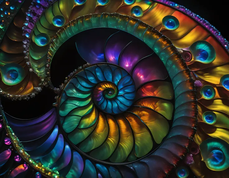 (best quality, masterpiece, hyperreal, ultra high res, photorealistic, raw photo, superb intricate, ultra detailed, highly contrasted, highly detailed colorful textures, sharp focus, 8K UHD), (macro photography, biolumiscent translucent glass nautilus, ammolite, macro lens, close up:3, FujiFilm X-T4 with Fujinon XF 35mm f/2 R WR), (National Geographic photographs:1.4), breathtaking, deep, vibrantly fresh, lushly crisp, vivid, beauty, mystique, wet moist atmosphere, iridescent water drops, misty mysterious magical scenery, spiral, rainbow, Spectralism, (art by James Gurney, art by Fred Tomaselli, art by Max Magnus Norman:1.4), dynamic angle, Fujifilm Neopan Acros 100,