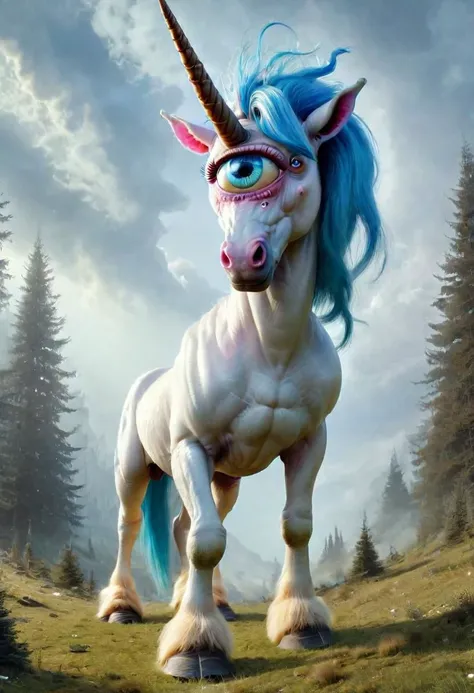 best quality,4k,8k,ultra hires,absurdres,photo realistic,RAW photo,hdr,sharp focus,skin imperfections,masterpiece,soft lighting,horror, skinny mare, (unicorn cyclops), one large eye in the center of the face, beautiful eye, horn, blue mane,