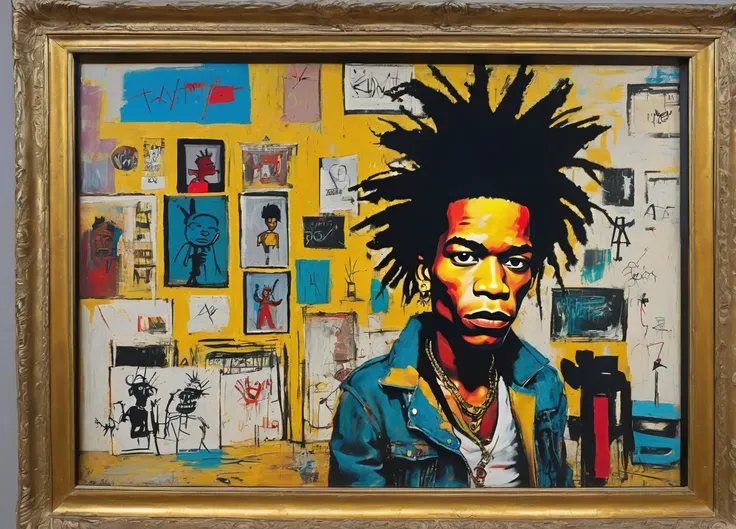 Gilded framed painting of a garage sale    legendary Basquiat extreme