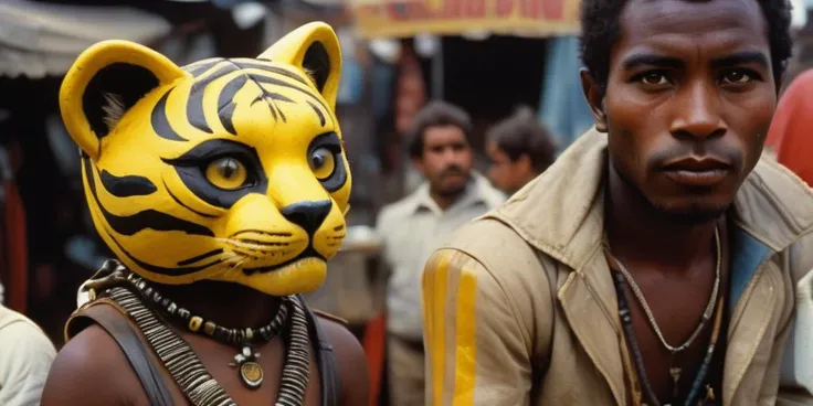 little African tiger humanoid with big yellow eyes, selling potions , mad max cyberpunk, 35mm, flea market, bodega, bogota, 1980 <lora:add-detail-xl:1> <lora:JuggerCineXL2:1>
