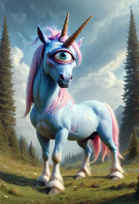 best quality,4k,8k,ultra hires,absurdres,photo realistic,RAW photo,hdr,sharp focus,skin imperfections,masterpiece,soft lighting,horror, skinny mare, (unicorn cyclops), one large eye in the center of the face, beautiful eye,happy, horn, blue mane,